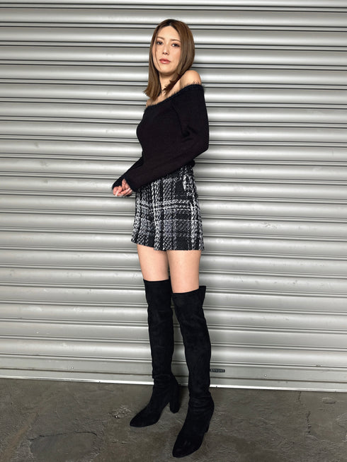 端シャギータイトオフショルニットトップス